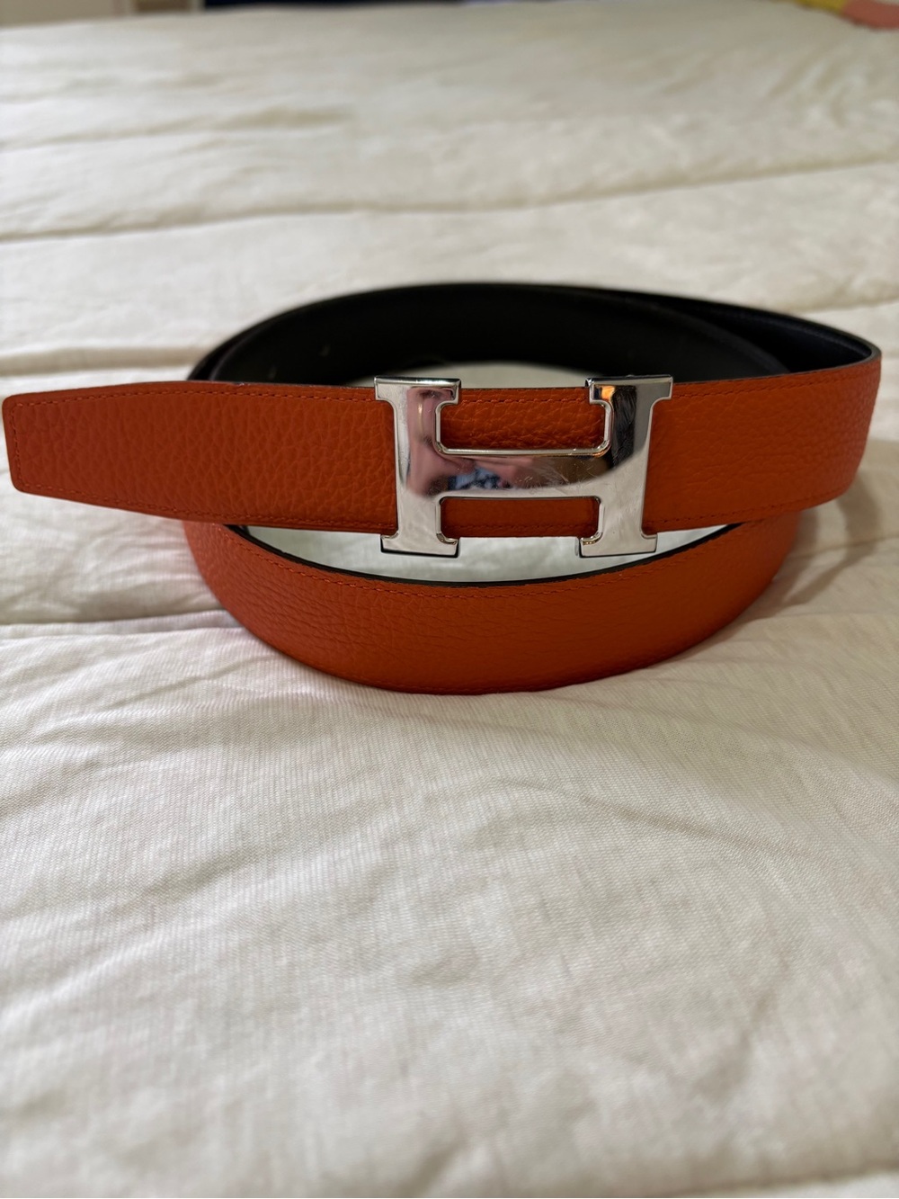 Hermes Orange Leather Belt with Silver H Buckle